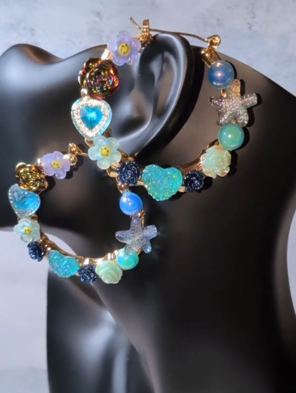 Gold Hoop Earrings with Blue & Multicolor Resin Hearts and Flowers